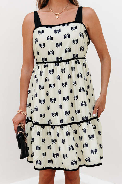 White Bow Knot Color Contrast Trim Knotted Shoulder Mini Dress