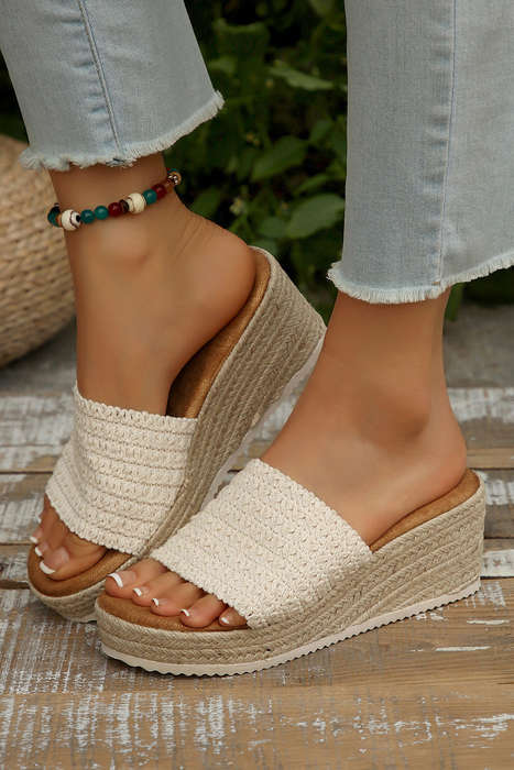 White Woven Wide Band Platform Slippers