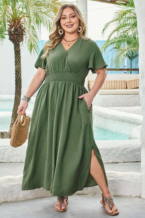 Four Leaf Clover Surplice Neckline Shirred High Waist Plus Size Maxi Dress