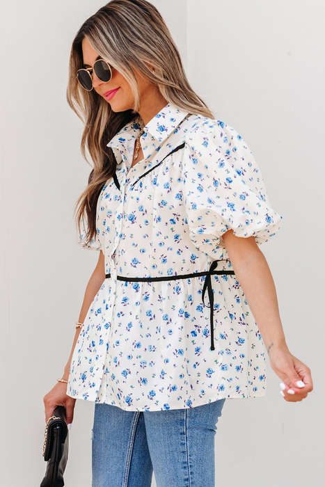 White Contrast Trim Floral Puff Short Sleeve Shirt