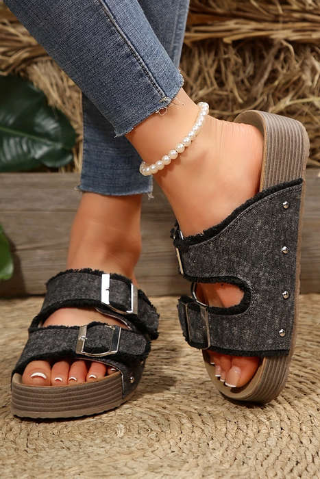 Black Double Buckle Straps Hollow Out Frayed Detial Retro Slippers