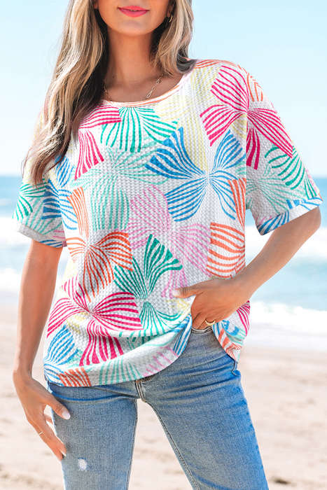 Multicolour Bowknot Printed Waffle Crewneck Loose Short Sleeve Top