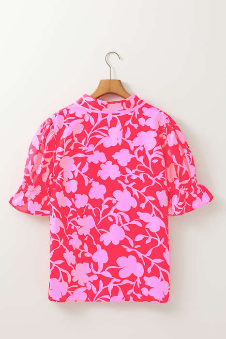 Red Floral Split V Neck Ruffled Short Sleeve Blouse Top