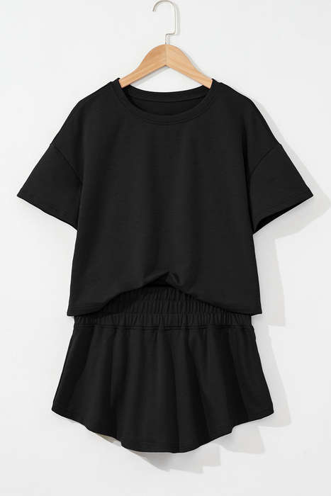 Black 2pcs Cropped Tee and Ruffle High Waist Skort Set