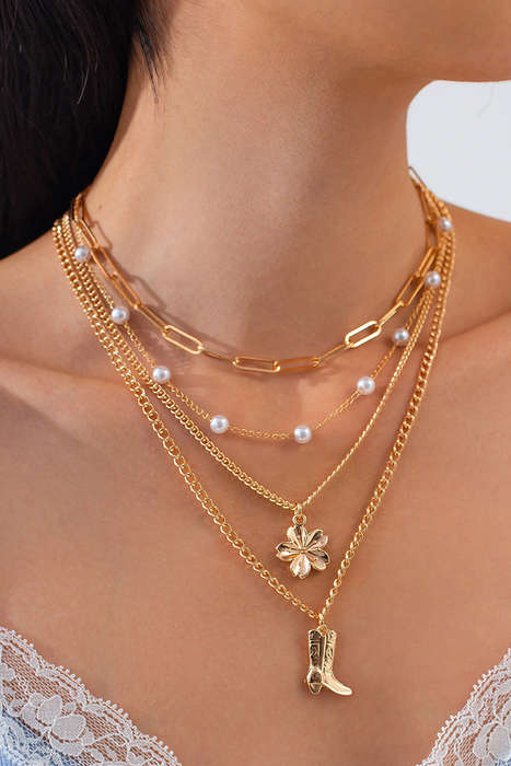 Gold Plated Flower Boot Pendent Pearl Chaining Necklace