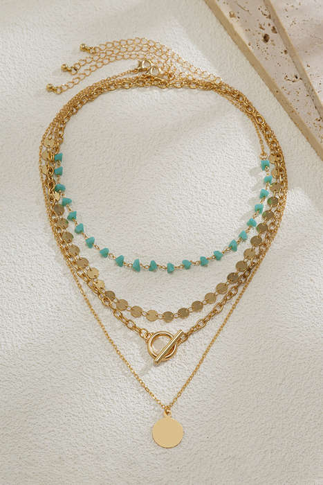 Gold Plated Toggle Disc Detail Turquoise Heart Beads 4pcs Necklace Set