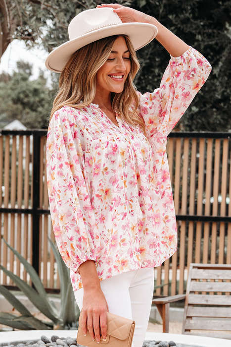 Pink Floral Print Tassel Tie Smocked V Neck Puff Sleeve Tunic Blouse