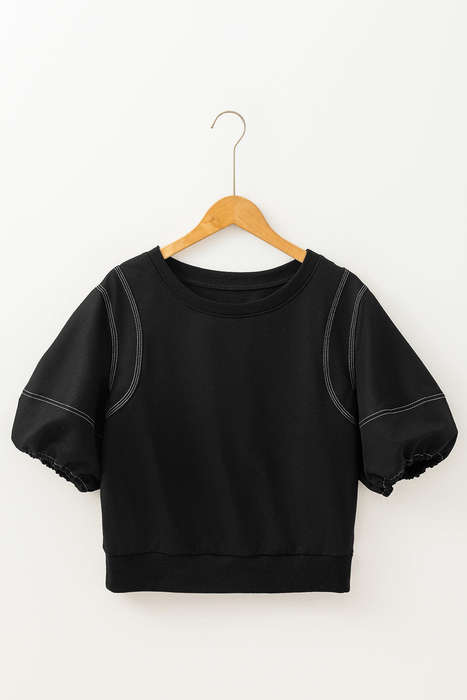 Black Contrast Stitches Detail Puffy Half Sleeve Blouse