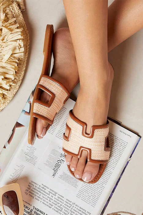 Coffee Faux Raffia Detail Hollowed Open Toe Slippers