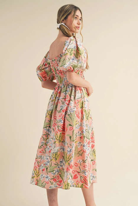 Apricot Pink Floral Smocked Bust Bubble Short Sleeve Maxi Dress