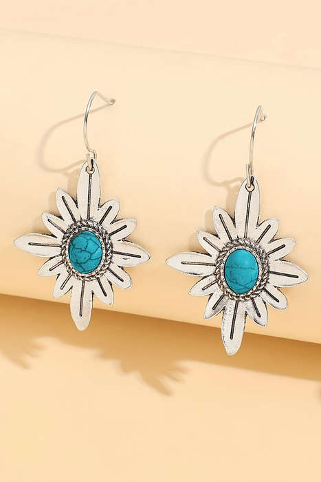 Silvery Western Turquoise Flower Shape Hook Earrings