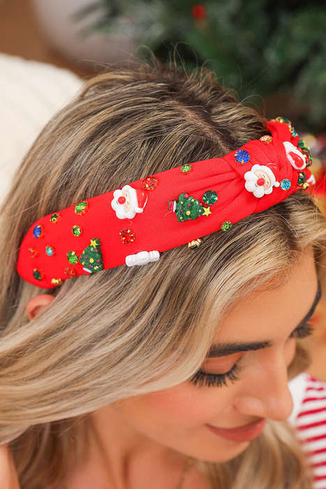 Fiery Red Cartoon Christmas Pattern Rhinestone Knotted Headband
