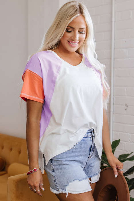 Beige Colorblock Patchwork V Neck Exposed Seam High Low T Shirt