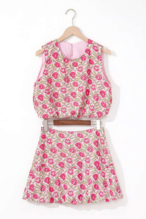 Pink Floral Print Puffy Cropped Tank and Mini Skirt Set