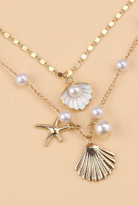 Gold Starfish Shell Pearl Dual Chain Necklace