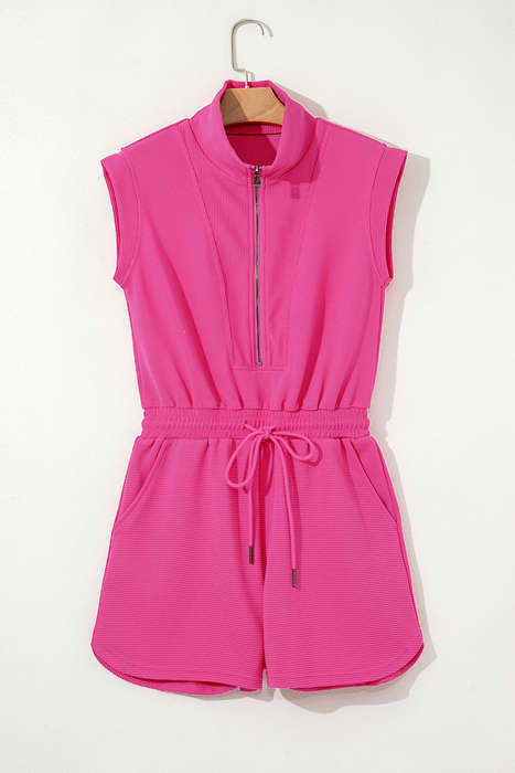 Rose Red Textured Short Sleeve Half Zip Drawstring Elastic Waistband Romper