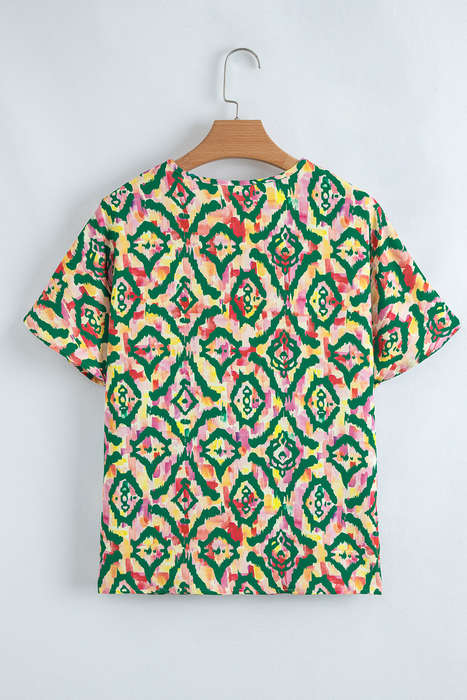 Green Abstract Print V Neck Short Sleeve Blouse