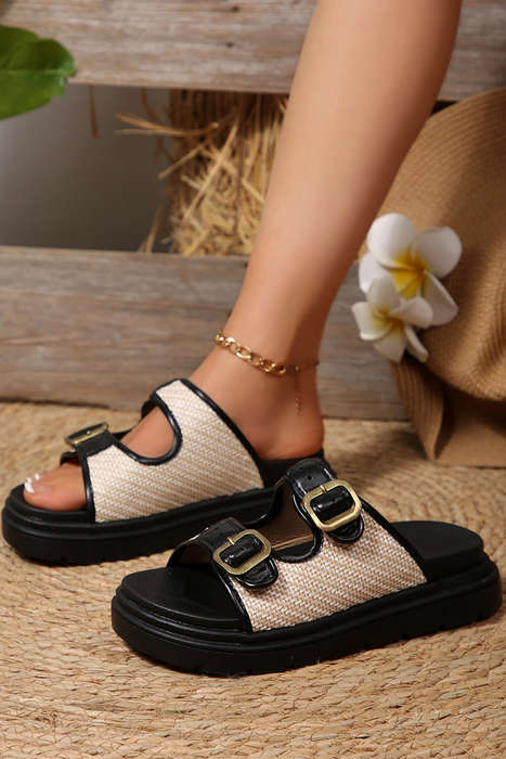 Black Woven Dual Buckle Platform Slippers