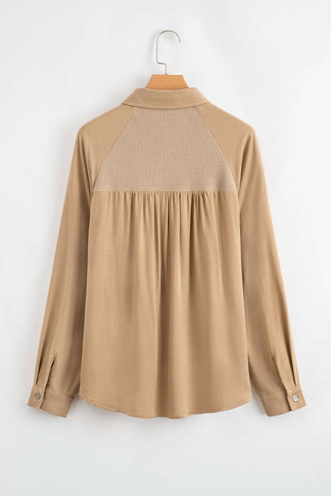 Light French Beige Waffle Patchwork Button Up Frayed Hem Shirt