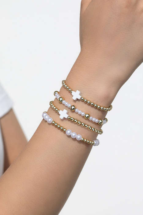 White Cross Pearl Decor Beaded Elastic Multi Layered Bracelet