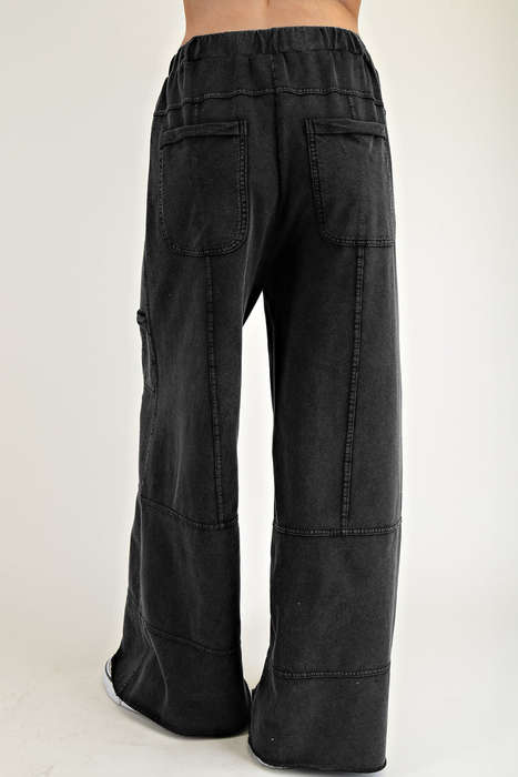 Black Mineral Wash Exposed Seam Drawstring Elastic Waistband Wide Leg Cargo Pants