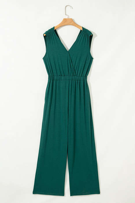 Blackish Green Deep V Pleated Crisscross Wide Leg Backless Jumpsuit