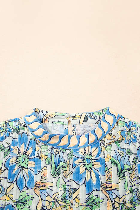 Spinach Green Botanical Floral Print Pleated Ruffle Detail Short Dress