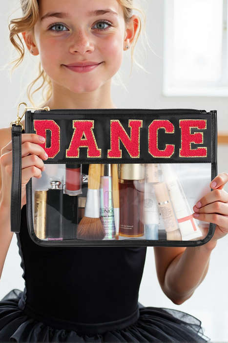 Black DANCE Chenille Letter PU Leather Patchwork Clear Makeup Bag