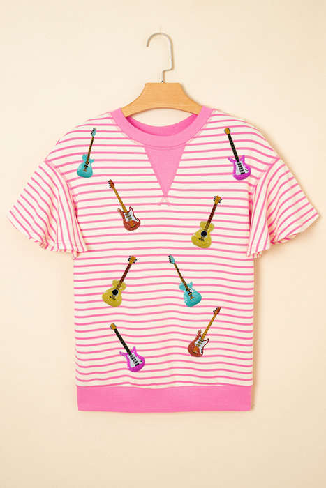 Sachet Pink Striped Guitar Patched Ruffle Short Sleeve Crossed Seam Blouse
