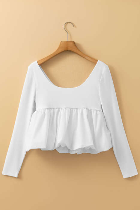 White U Neck Long Sleeve Bubble Hem Top