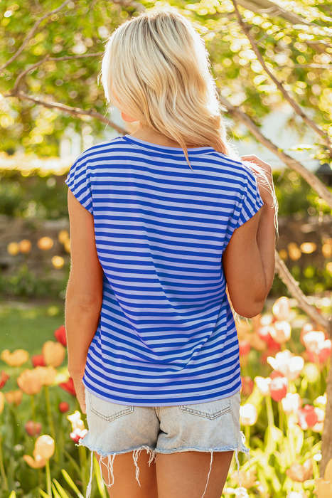 Sky Blue Stripe Ribbed Cap Sleeve Round Neck T Shirt