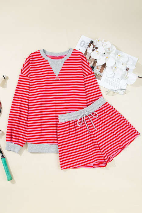 Red Stripe Drop Shoulder Baggy Pullover and Shorts Casual Set