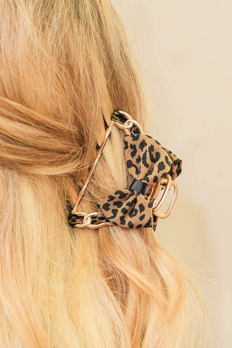 Camel Leopard Print Bow Decor Alloy Hair Claw Clip