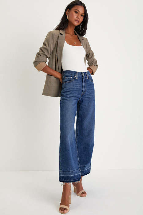 Real Teal Raw Hem Straight Leg Loose High Waist Jeans