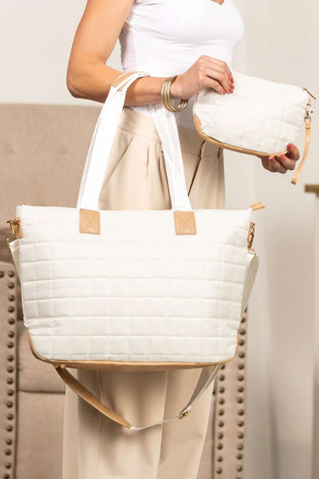 White Quilted Patchwork Large Tote Bag and Clutch 2pcs Set