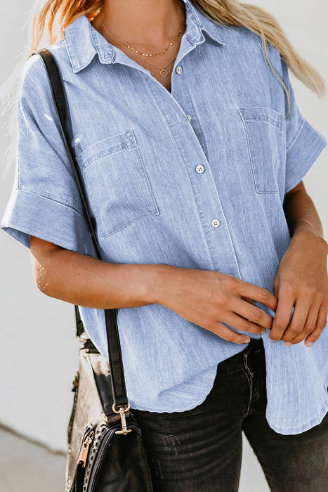 Sky Blue-3 Turn-down Collar Short Sleeve Denim Shirt