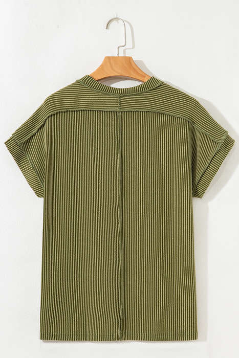 Jungle Green Textured Knit Exposed Stitching T-shirt