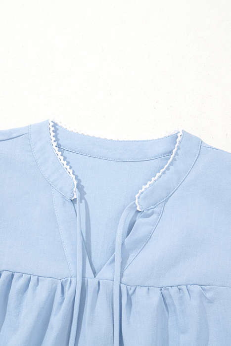 Beau Blue Floral Embroidered Puff Sleeve Split Neck Blouse