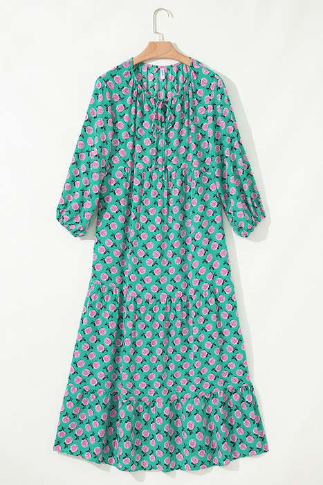 Green Boho Printed Half Sleeve Maxi Dress