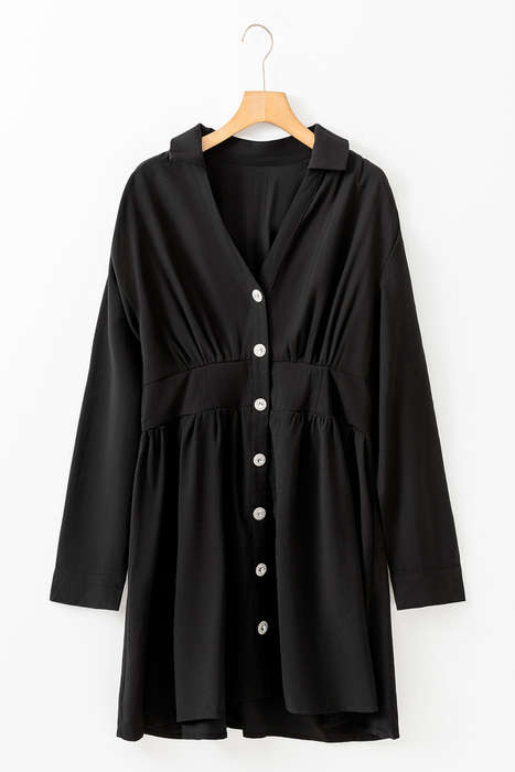 Black Elastic Cinched High Waist Long Sleeve Shirt Mini Dress