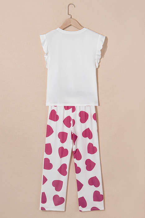 Pink Ruffled Tank Top And Heart Print Pants Lounge Set