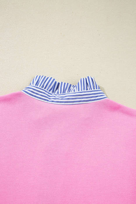 Pink Contrast Striped Collar Patchwork Puff Sleeve Ruffle Hem Mini Dress