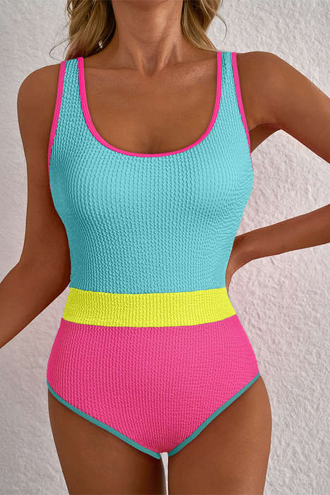 Iceland Blue Textured Color Block Patchwork One Piece Swimsuit