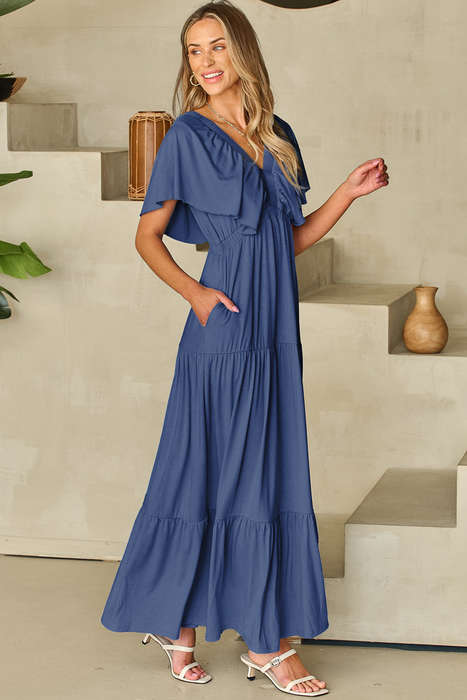 Navy Blue Textured V Neck Flutter Sleeve Ruffled Maxi Dress