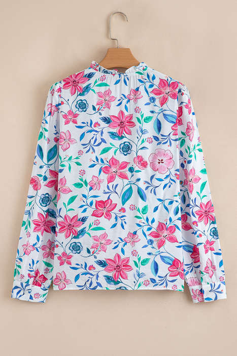 Pink Floral Print Lace Detail Button-up Long Sleeve Shirt