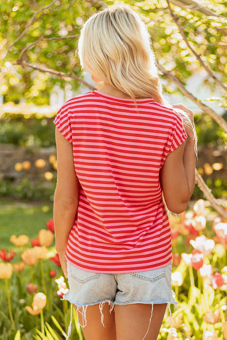 Red Stripe Ribbed Cap Sleeve Round Neck T Shirt