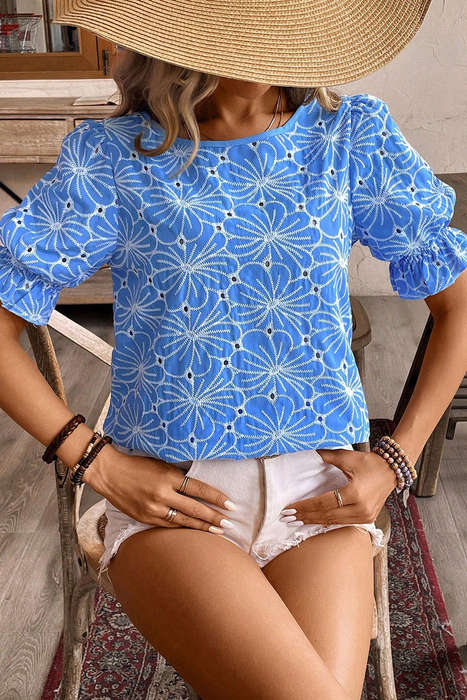 Sky Blue Eyelet Flower Embroidery Frilled Short Puff Sleeve Blouse