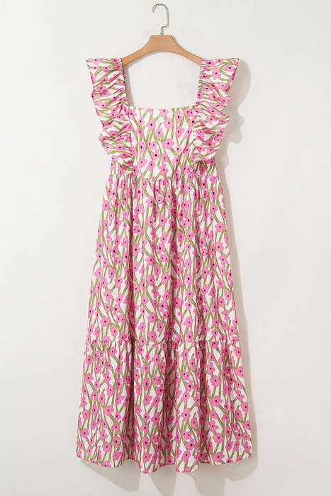 Pink Plus Size Ruffle Trim Square Neck High Waist Floral Maxi Dress