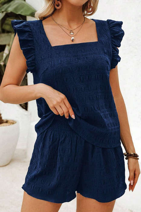 Dirty blue Textured Square Neck Top and Shirred High Waist Shorts Set