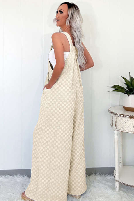 Beige Checkered Pocketed High Waist Wide Leg Overall